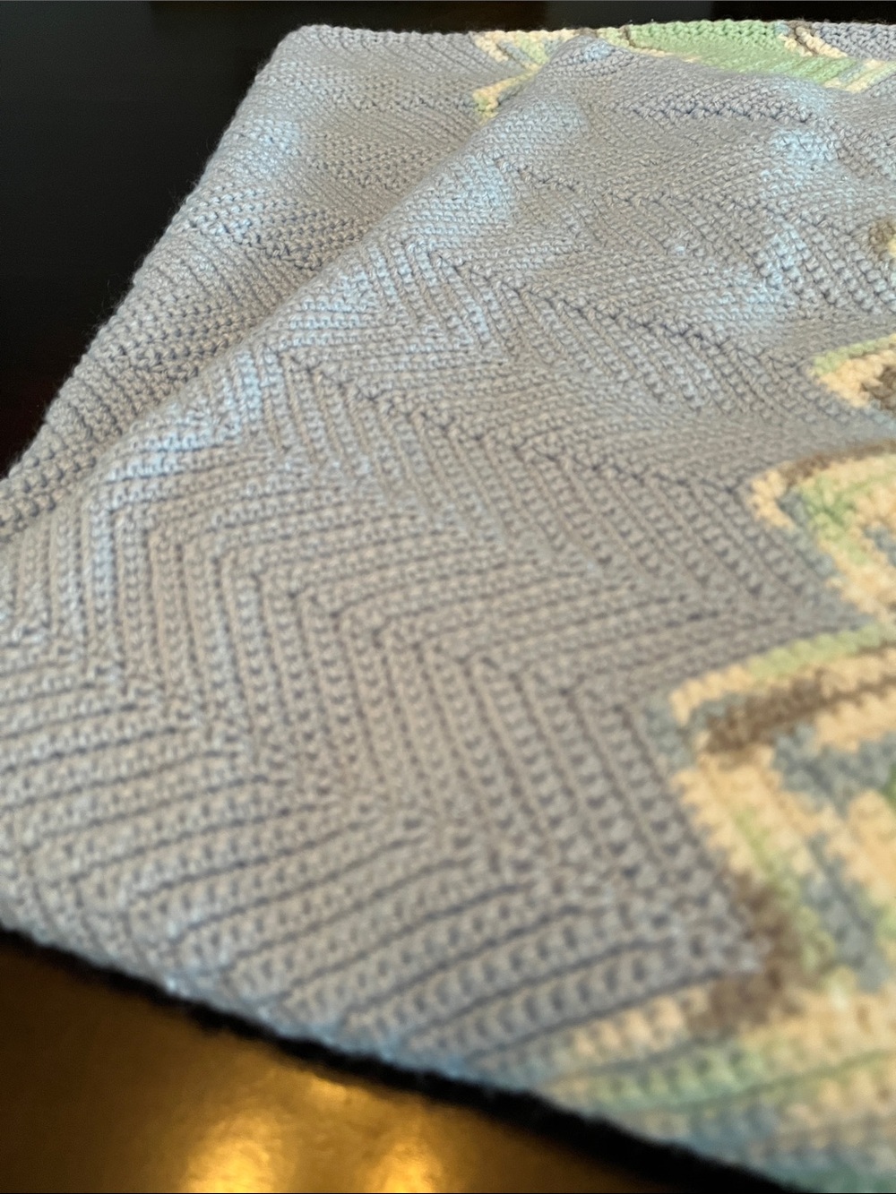 Handmade Chevron Knit Throw Blanket in Light Gray and Sage Green 40x32" - Picture 6 of 6